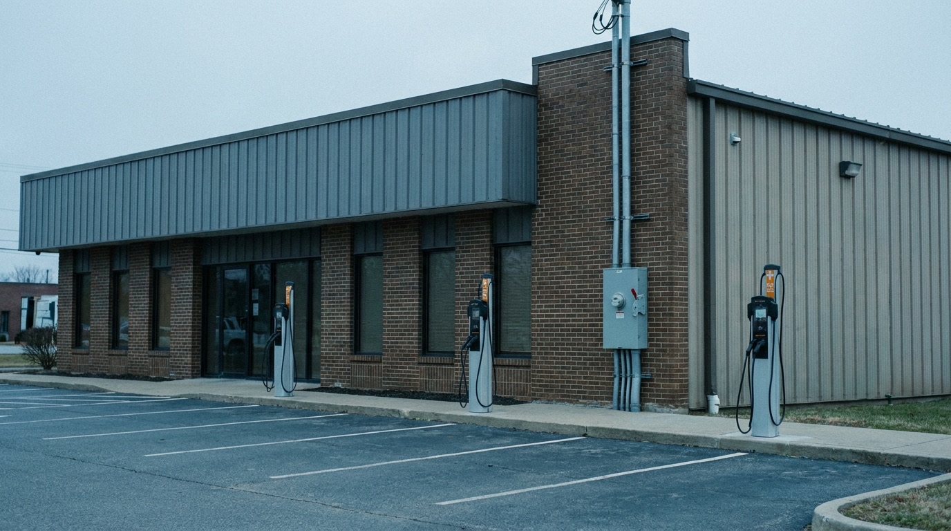 Level 2 EV chargers installed in a commercial parking area beside a building's electrical service