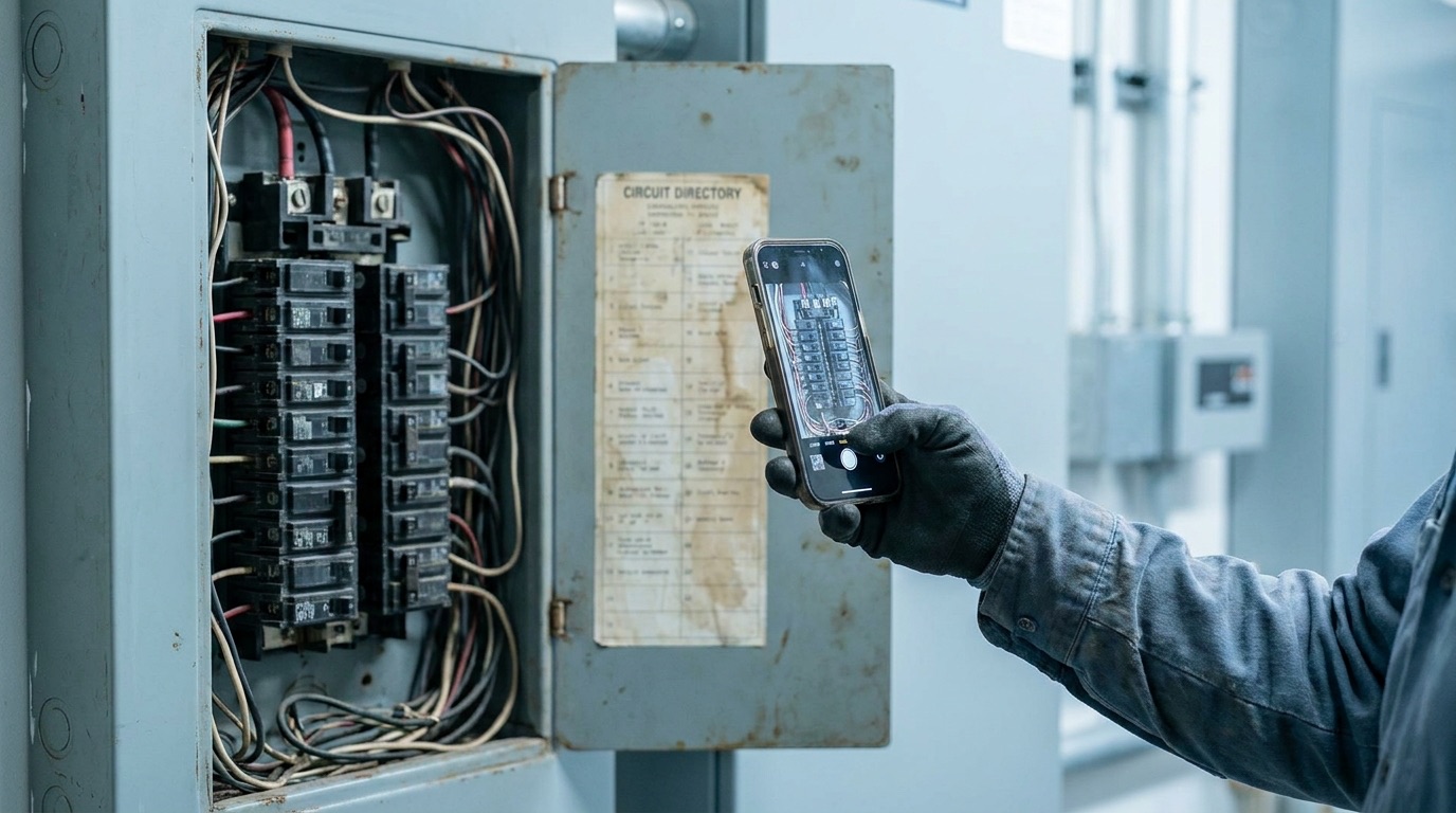 A technician photographing an open electrical panel and its labeling with a phone