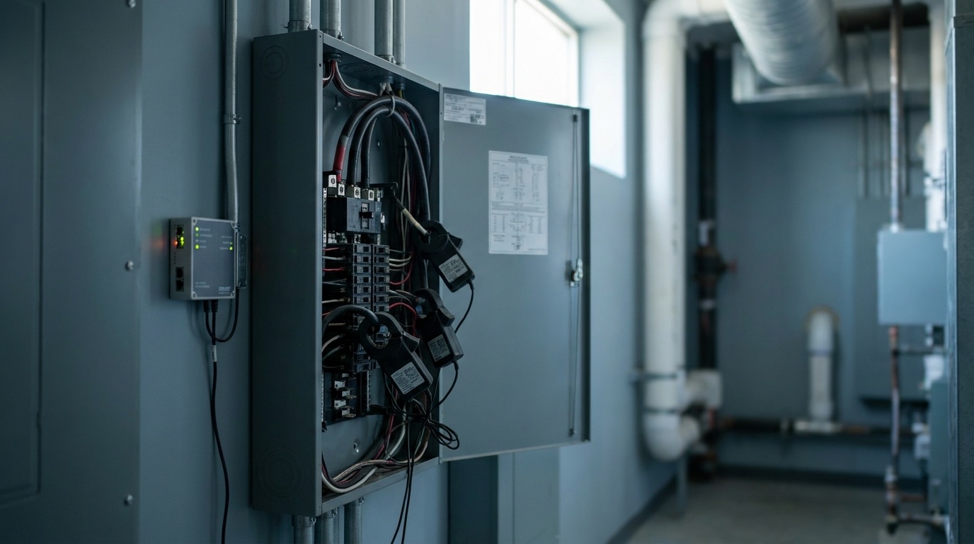 An electrical service panel with a metered load study in progress at a commercial site