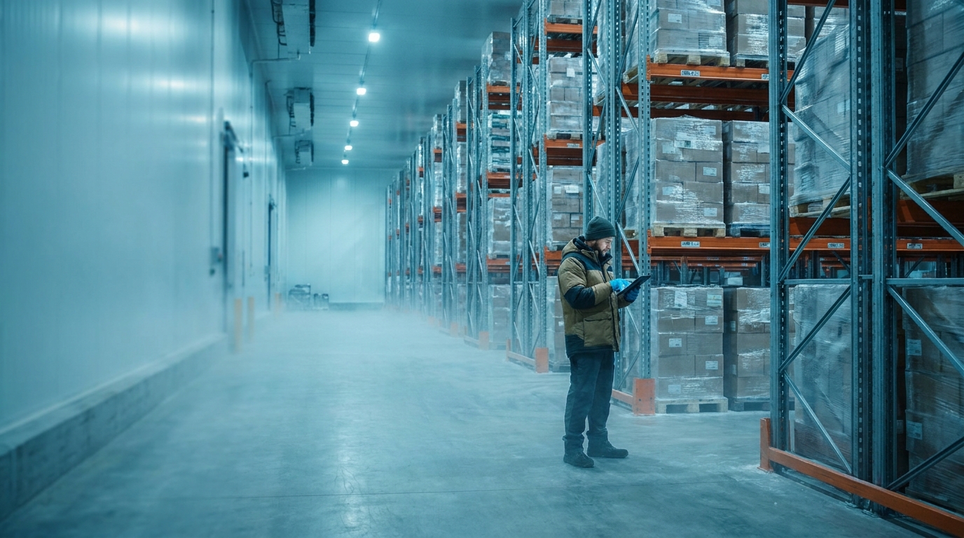 Cold storage warehouse with loading dock and refrigeration equipment