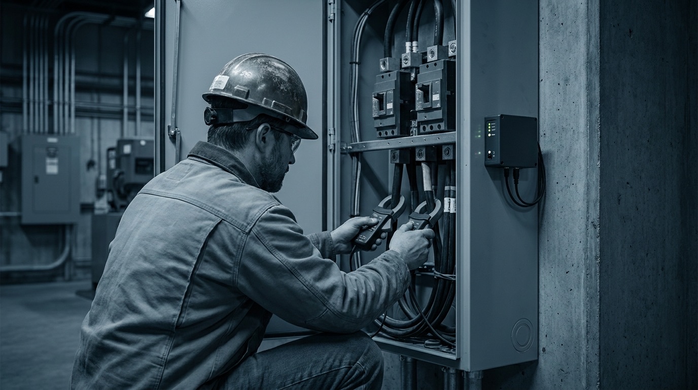 An electrician metering an electrical service panel for an EV charger load study