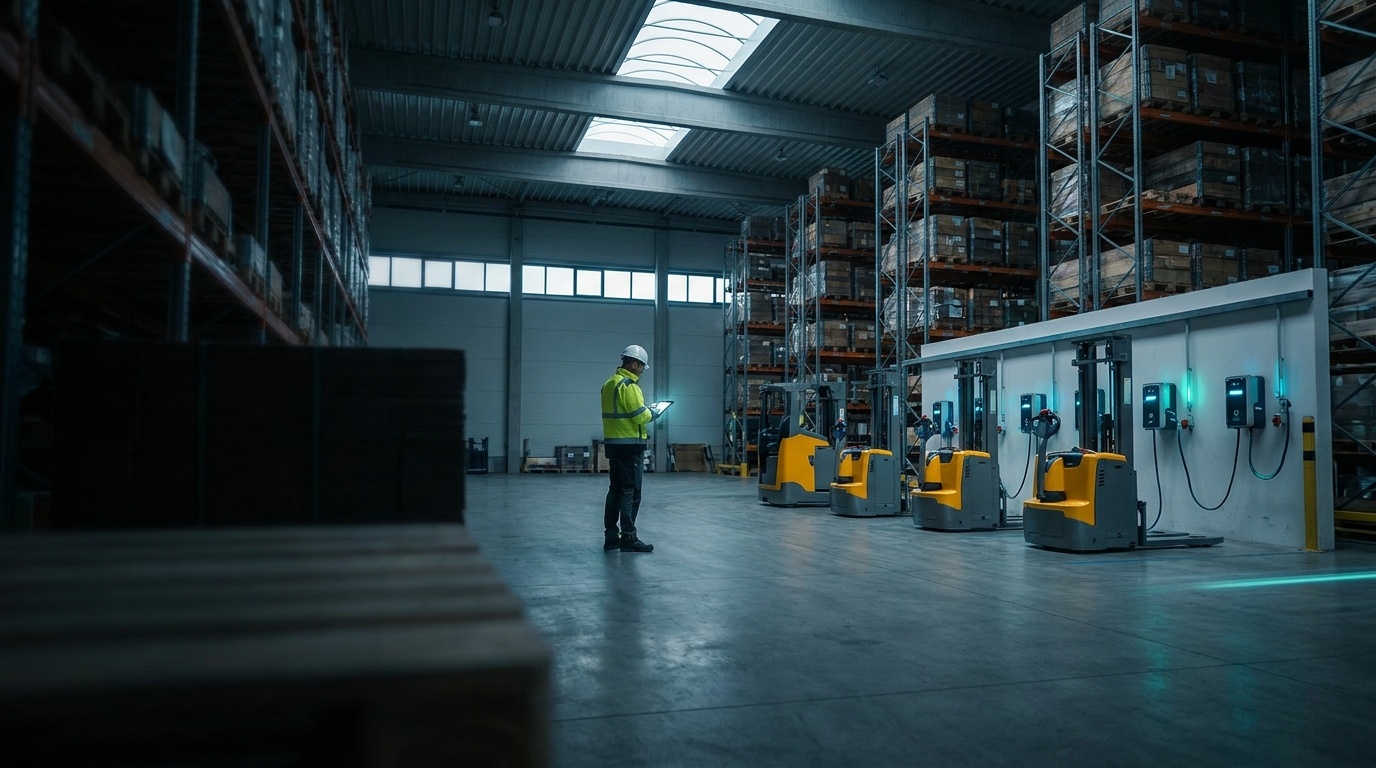 Warehouse loading area with trucks and industrial electrical needs
